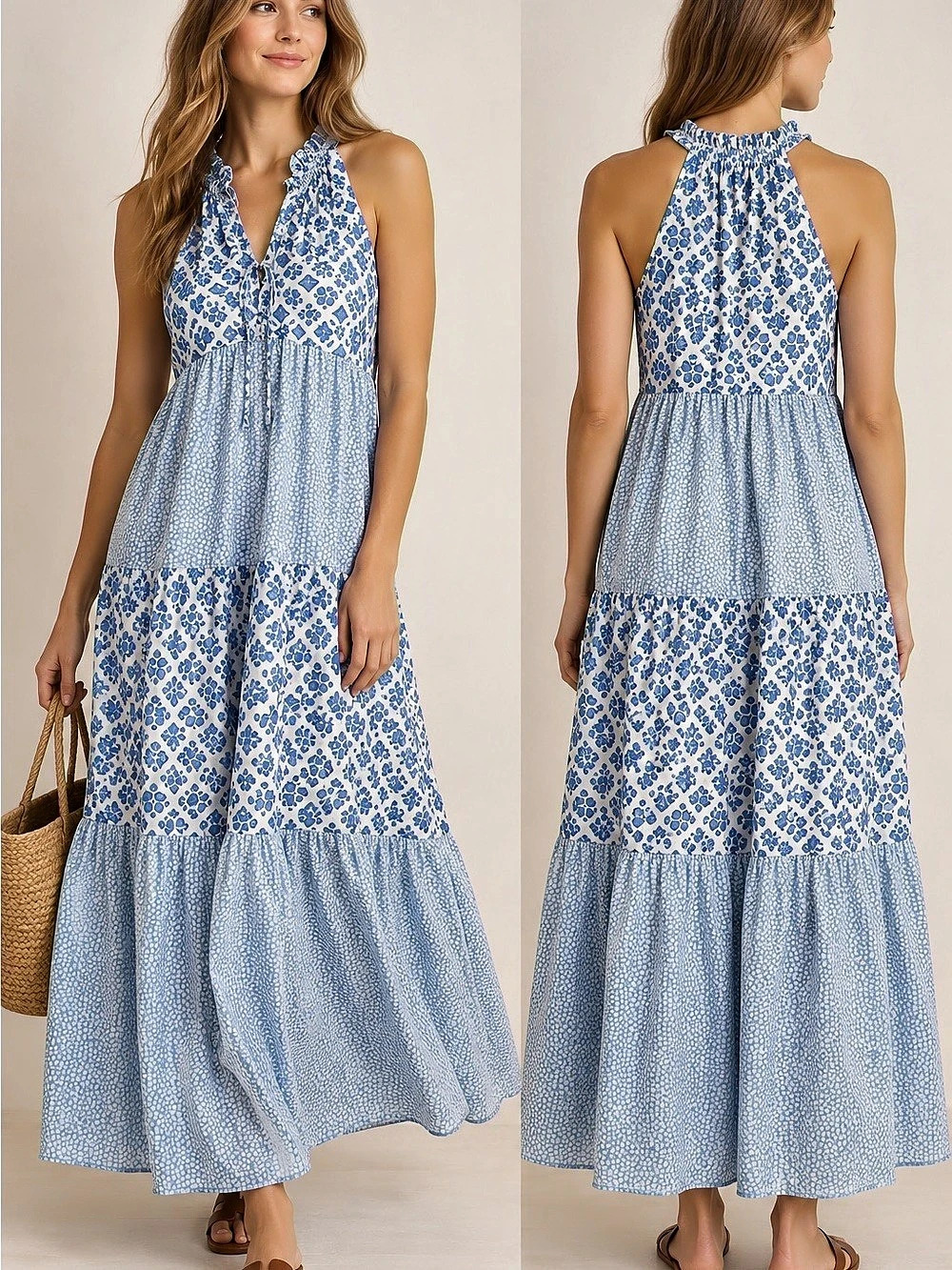 Vineyard Vines Blue White Cotton Tiered Halter Maxi Dress XS Coastal EUC